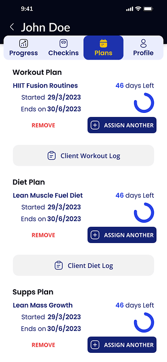 Plans — assigned workout, diet, and supps plans