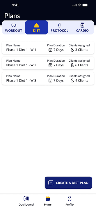 Plans — tabbed list across Workout, Diet, Protocol, and Cardio