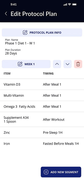 Edit Protocol Plan — supplement items and timing