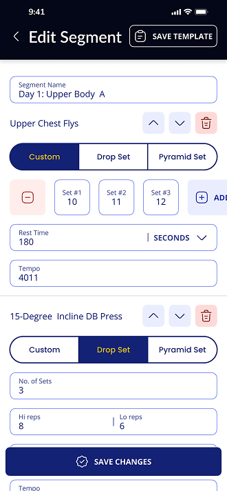 Edit Segment — exercises, sets, reps, and tempo