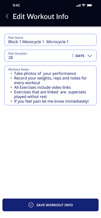 Edit Workout Info — plan name, duration, and workout notes