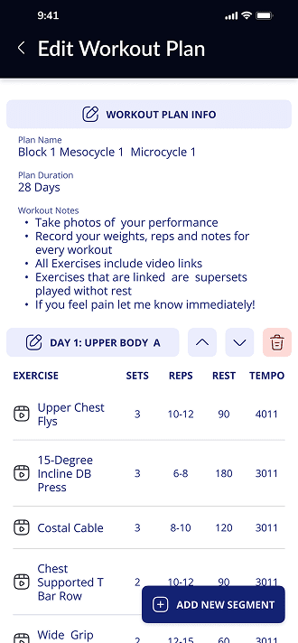 Edit Workout Plan — plan info and segments list