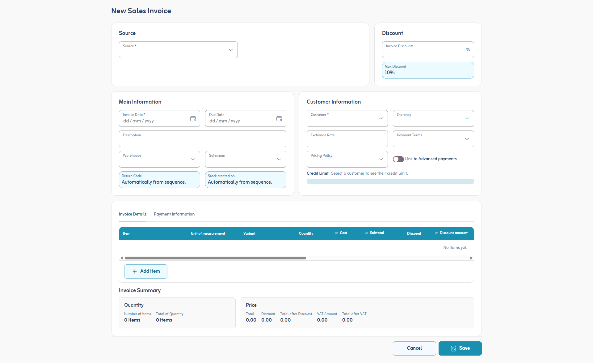The legacy New Sales Invoice screen — four cards of form fields above a line-item table